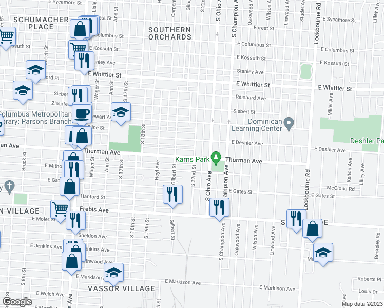 map of restaurants, bars, coffee shops, grocery stores, and more near 816 Thurman Avenue in Columbus
