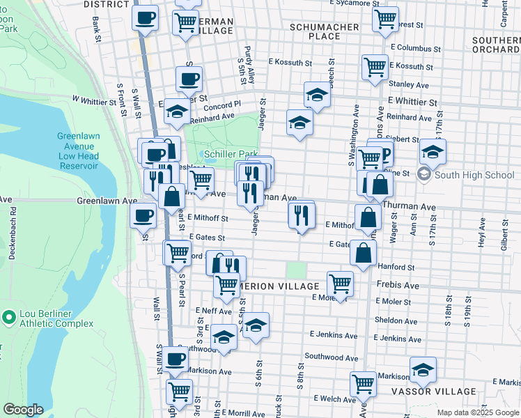 map of restaurants, bars, coffee shops, grocery stores, and more near in Columbus
