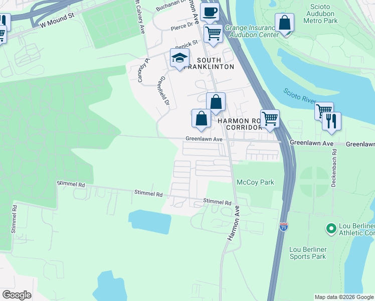 map of restaurants, bars, coffee shops, grocery stores, and more near 1033 Harmon Avenue in Columbus