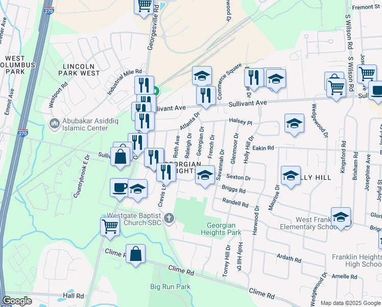 map of restaurants, bars, coffee shops, grocery stores, and more near 689 Georgian Drive in Columbus