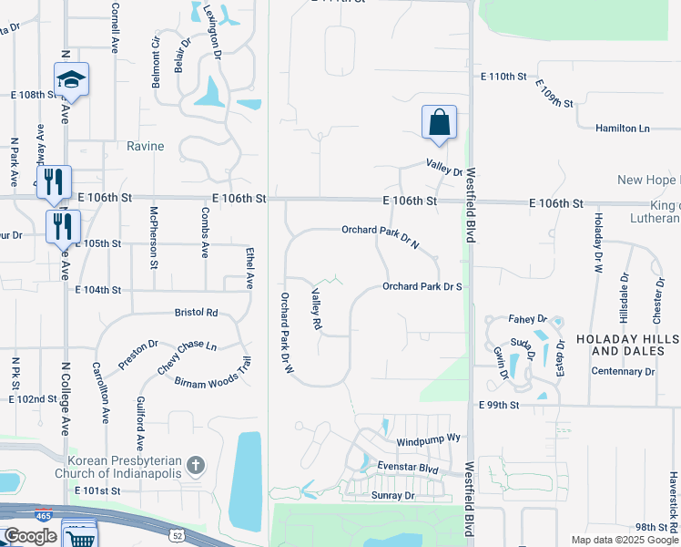 map of restaurants, bars, coffee shops, grocery stores, and more near 10404 Orchard Park Drive South in Indianapolis