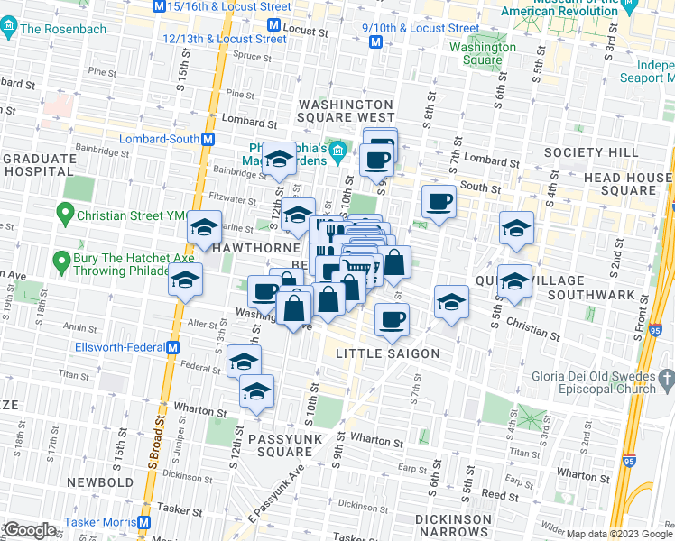map of restaurants, bars, coffee shops, grocery stores, and more near 903 South 10th Street in Philadelphia