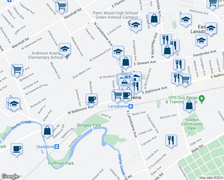 map of restaurants, bars, coffee shops, grocery stores, and more near 32 Owen Avenue in Lansdowne