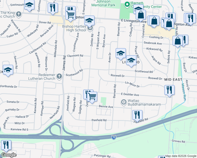 map of restaurants, bars, coffee shops, grocery stores, and more near 1595 Miltwood Rd in Columbus