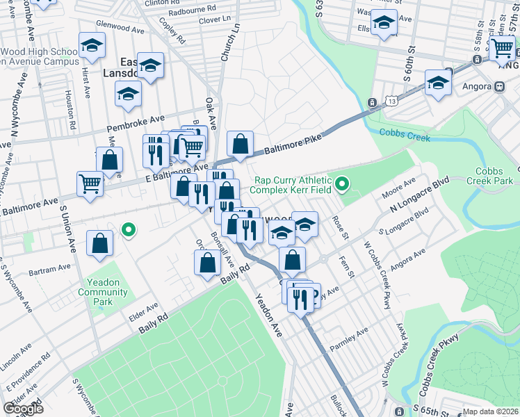 map of restaurants, bars, coffee shops, grocery stores, and more near 901 Myra Avenue in Yeadon