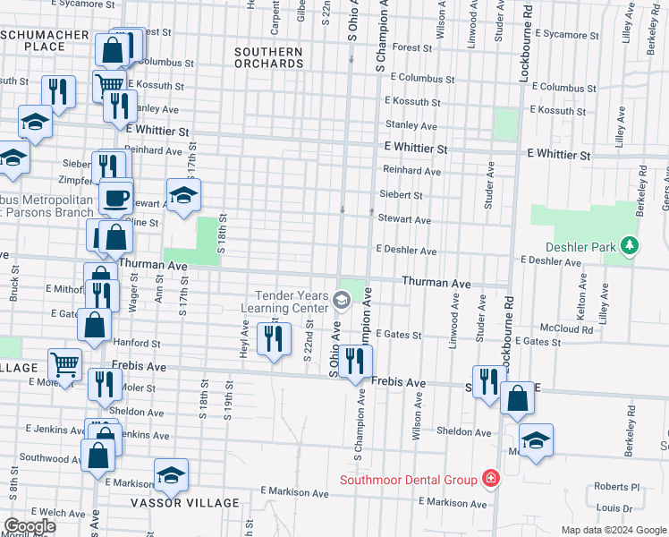 map of restaurants, bars, coffee shops, grocery stores, and more near 1263 South Ohio Avenue in Columbus