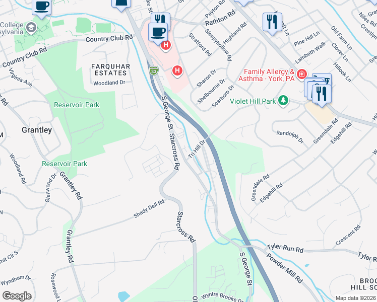 map of restaurants, bars, coffee shops, grocery stores, and more near 1355 South George Street in York