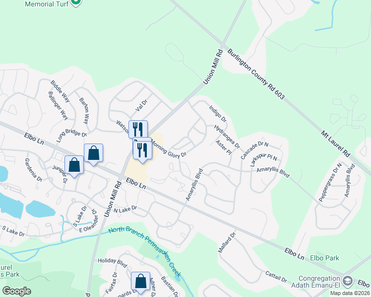 map of restaurants, bars, coffee shops, grocery stores, and more near 2605A Bluegrass Drive in Mount Laurel Township