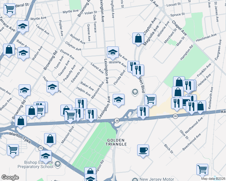 map of restaurants, bars, coffee shops, grocery stores, and more near 5521 Terrace Avenue in Pennsauken Township
