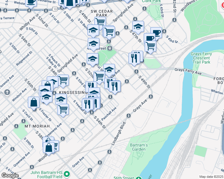 map of restaurants, bars, coffee shops, grocery stores, and more near 1440 South Paxon Street in Philadelphia