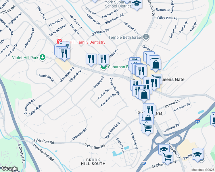 map of restaurants, bars, coffee shops, grocery stores, and more near 423 Corbin Rd in York