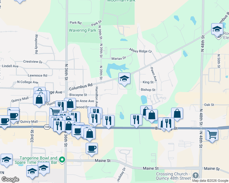 map of restaurants, bars, coffee shops, grocery stores, and more near 4012 Pine Ridge Drive in Quincy