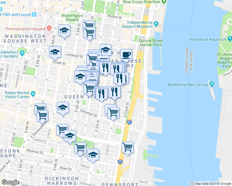 map of restaurants, bars, coffee shops, grocery stores, and more near 746 South 2nd Street in Philadelphia