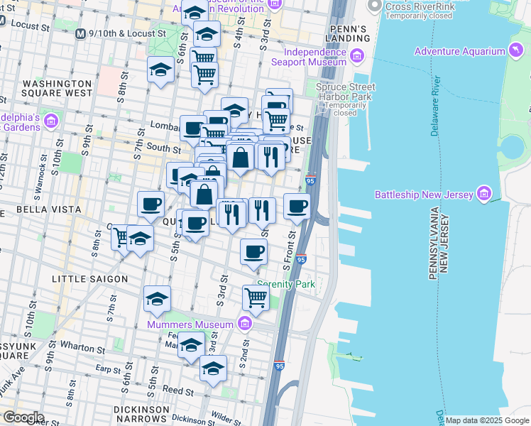 map of restaurants, bars, coffee shops, grocery stores, and more near 221 Fitzwater Street in Philadelphia