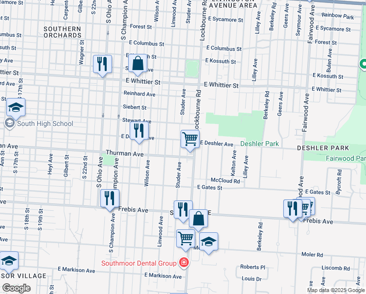 map of restaurants, bars, coffee shops, grocery stores, and more near 1302 Studer Avenue in Columbus