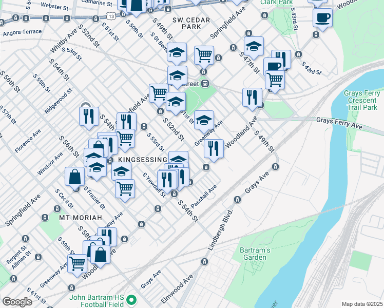 map of restaurants, bars, coffee shops, grocery stores, and more near 1506 South 52nd Street in Philadelphia