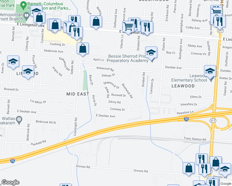 map of restaurants, bars, coffee shops, grocery stores, and more near 3826 Roswell Drive in Columbus
