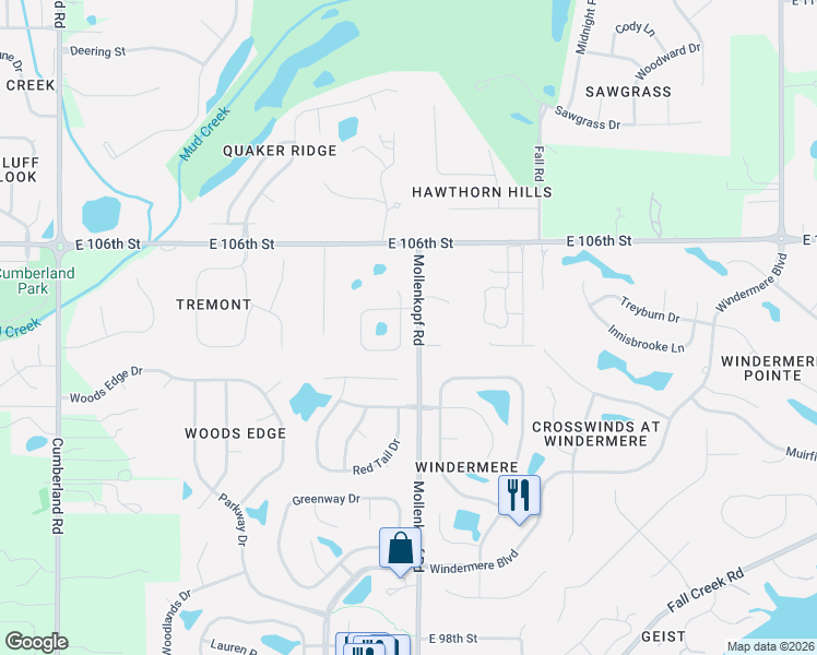 map of restaurants, bars, coffee shops, grocery stores, and more near 10284 Packard Drive in Fishers