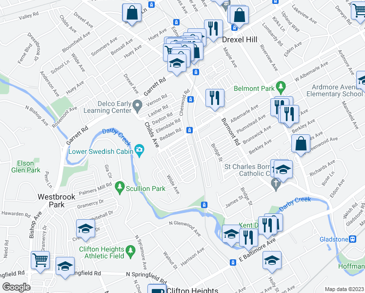 map of restaurants, bars, coffee shops, grocery stores, and more near 4009 Albemarle Avenue in Upper Darby