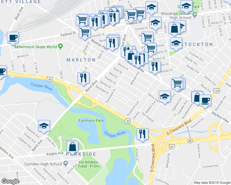 map of restaurants, bars, coffee shops, grocery stores, and more near 557 Raritan Street in Camden