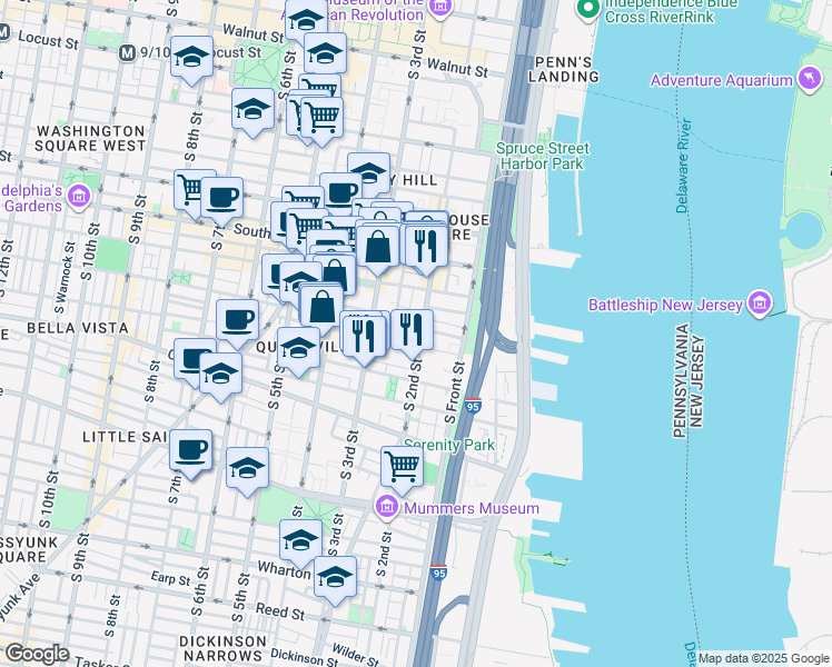map of restaurants, bars, coffee shops, grocery stores, and more near 746 South 2nd Street in Philadelphia
