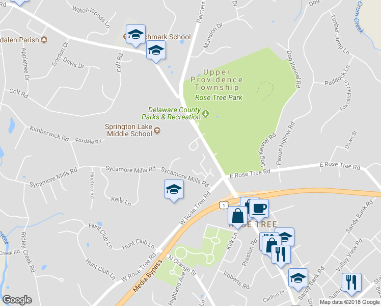 map of restaurants, bars, coffee shops, grocery stores, and more near 150 Park Place in Media