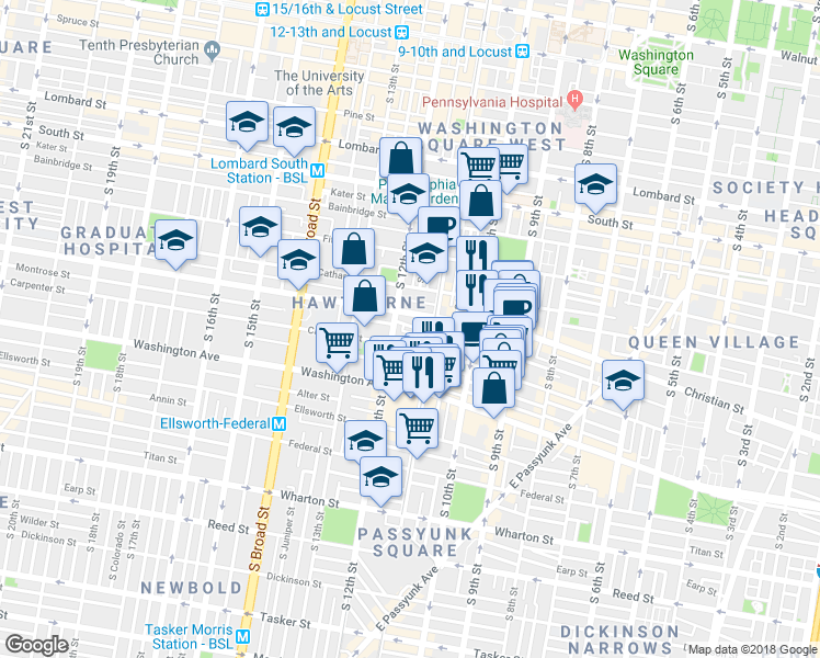 map of restaurants, bars, coffee shops, grocery stores, and more near 1120 Montrose Street in Philadelphia