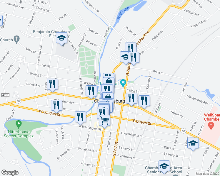 map of restaurants, bars, coffee shops, grocery stores, and more near 85 North Main Street in Chambersburg