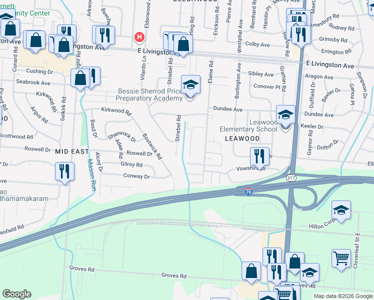 map of restaurants, bars, coffee shops, grocery stores, and more near 1704 Carstare Drive in Columbus