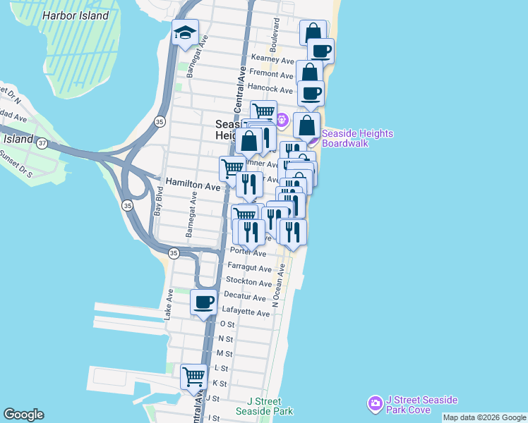 map of restaurants, bars, coffee shops, grocery stores, and more near 39 Franklin Avenue in Seaside Heights