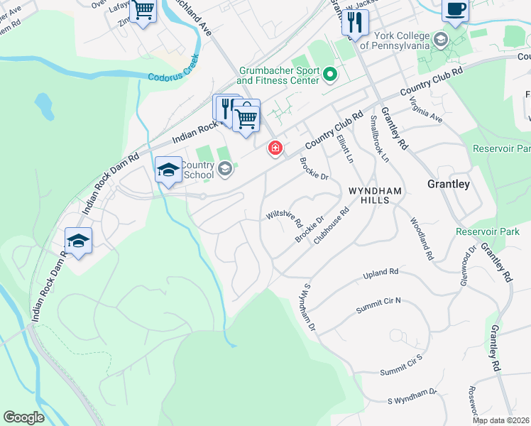map of restaurants, bars, coffee shops, grocery stores, and more near 1190 Country Club Road in York
