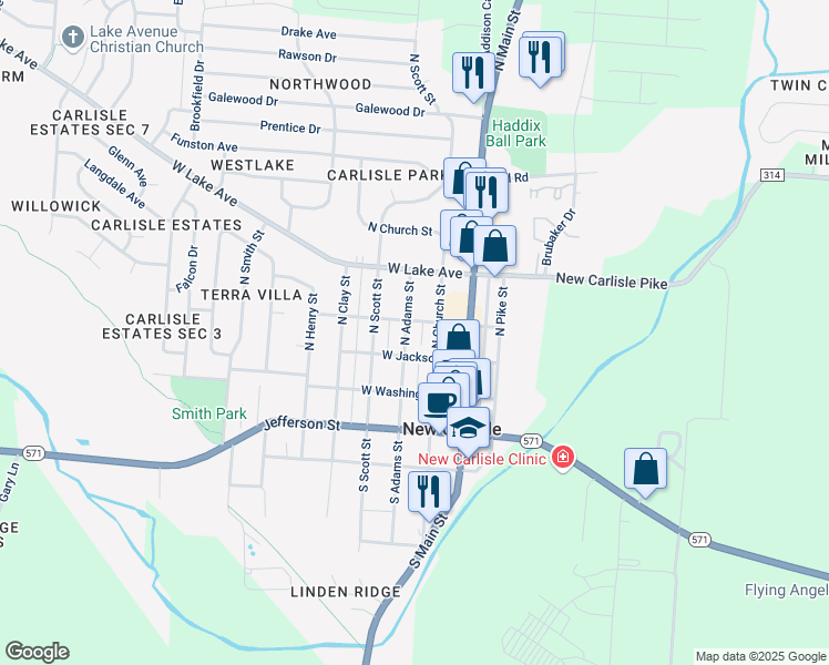 map of restaurants, bars, coffee shops, grocery stores, and more near 210 N Adams St in New Carlisle