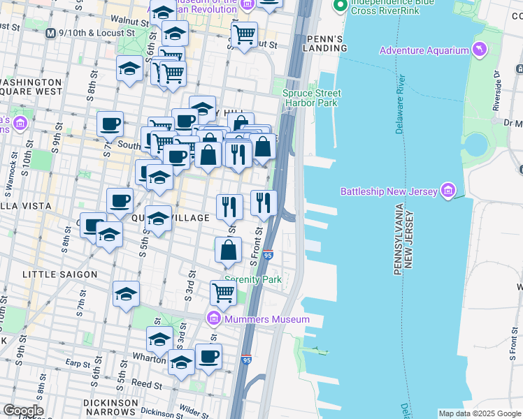 map of restaurants, bars, coffee shops, grocery stores, and more near 738 South Front Street in Philadelphia
