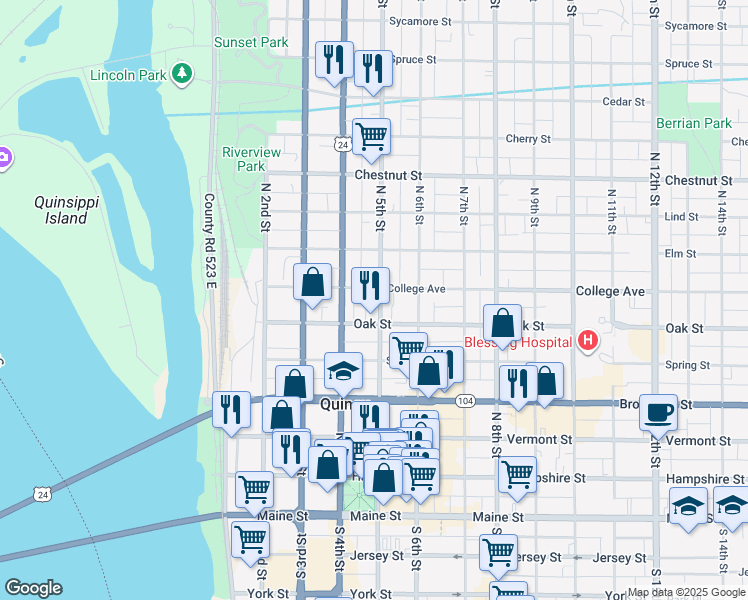 map of restaurants, bars, coffee shops, grocery stores, and more near 625 North 5th Street in Quincy