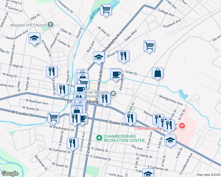 map of restaurants, bars, coffee shops, grocery stores, and more near 114 North 3rd Street in Chambersburg