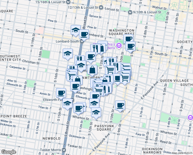 map of restaurants, bars, coffee shops, grocery stores, and more near 1204 Montrose Street in Philadelphia