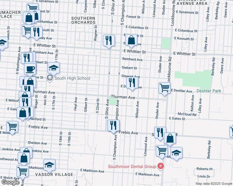 map of restaurants, bars, coffee shops, grocery stores, and more near 1269 South Champion Avenue in Columbus