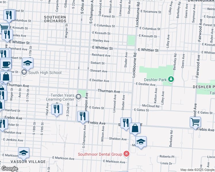 map of restaurants, bars, coffee shops, grocery stores, and more near 1286 Wilson Avenue in Columbus