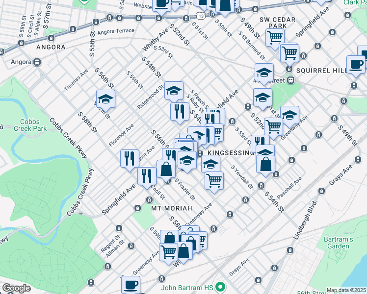 map of restaurants, bars, coffee shops, grocery stores, and more near 1430 South 55th Street in Philadelphia