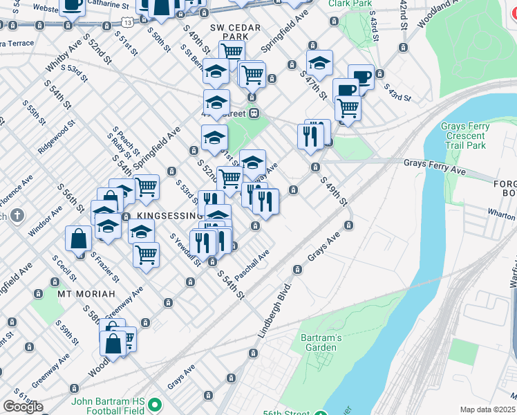 map of restaurants, bars, coffee shops, grocery stores, and more near 1440 South Paxon Street in Philadelphia