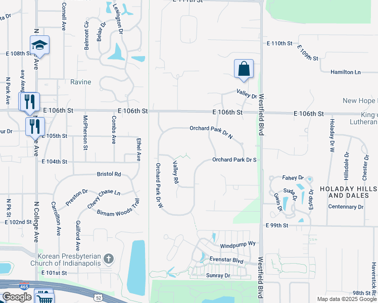 map of restaurants, bars, coffee shops, grocery stores, and more near 10404 Orchard Park Drive South in Indianapolis