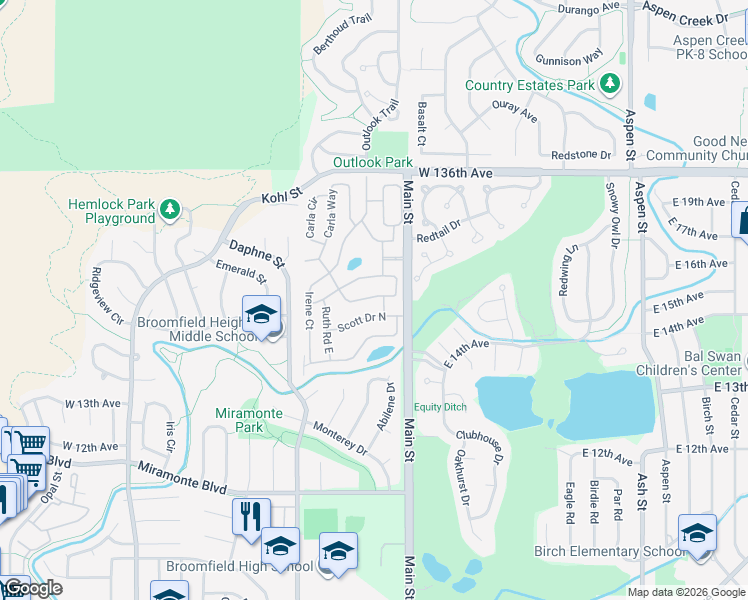 map of restaurants, bars, coffee shops, grocery stores, and more near 26 Walter Way in Broomfield