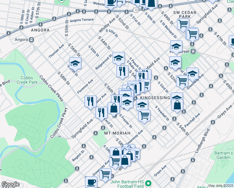 map of restaurants, bars, coffee shops, grocery stores, and more near 5549 Springfield Avenue in Philadelphia
