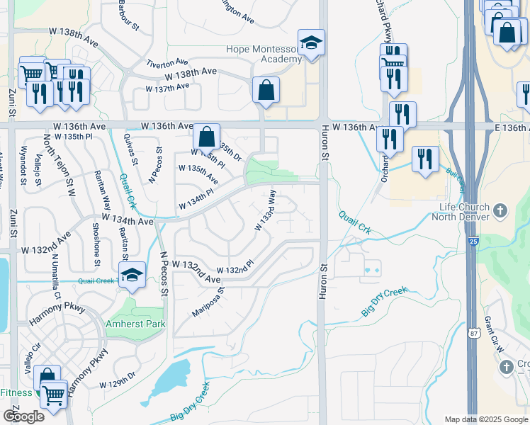 map of restaurants, bars, coffee shops, grocery stores, and more near 1099 West 133rd Way in Westminster