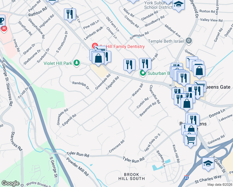 map of restaurants, bars, coffee shops, grocery stores, and more near 437 Hillcrest Road in York