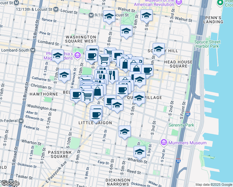 map of restaurants, bars, coffee shops, grocery stores, and more near 625 Catharine Street in Philadelphia