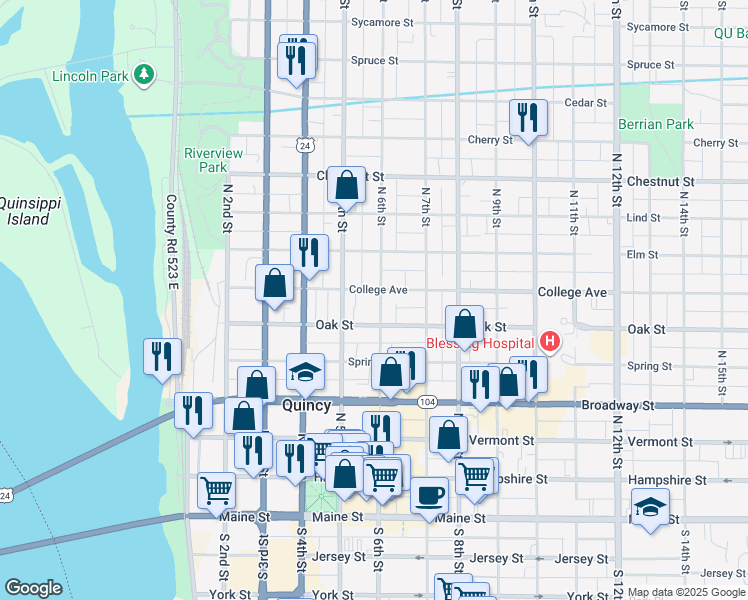 map of restaurants, bars, coffee shops, grocery stores, and more near 627 North 6th Street in Quincy