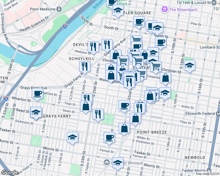 map of restaurants, bars, coffee shops, grocery stores, and more near 2340 Alter Street in Philadelphia