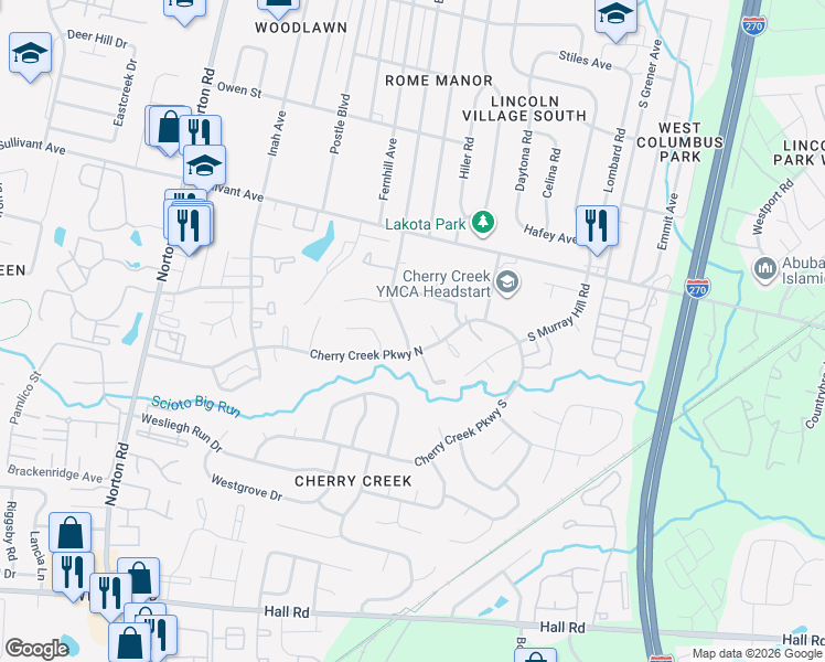 map of restaurants, bars, coffee shops, grocery stores, and more near 626 Evergreen Terrace in Columbus