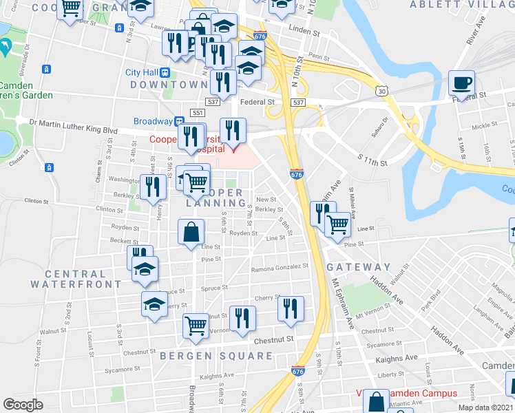 map of restaurants, bars, coffee shops, grocery stores, and more near 705 Berkley Street in Camden